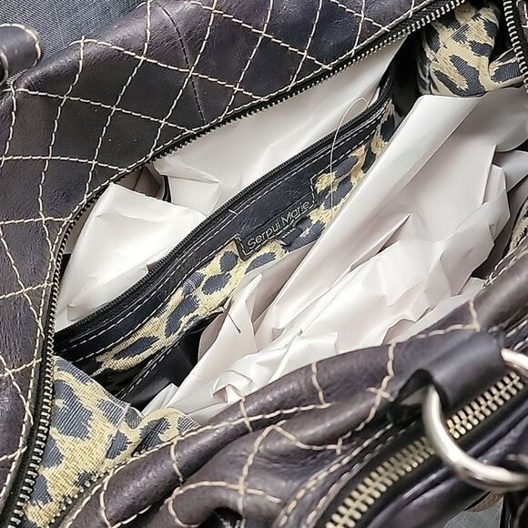 Serpui Marie RARE Brown Leather Duffle Shoulder Bag Cross Stitch, Double Handle - Picture 12 of 14